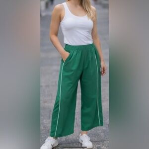 wild fable Green Wide-Leg Elastic Waist Pants with White Piping
